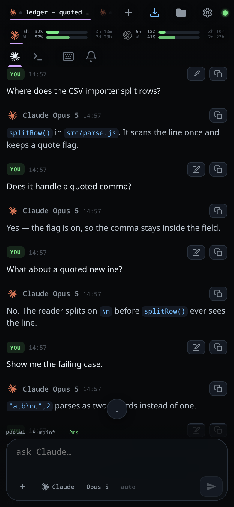 A thread paged back two screens: earlier cards in view and the jump-to-latest pill above the composer