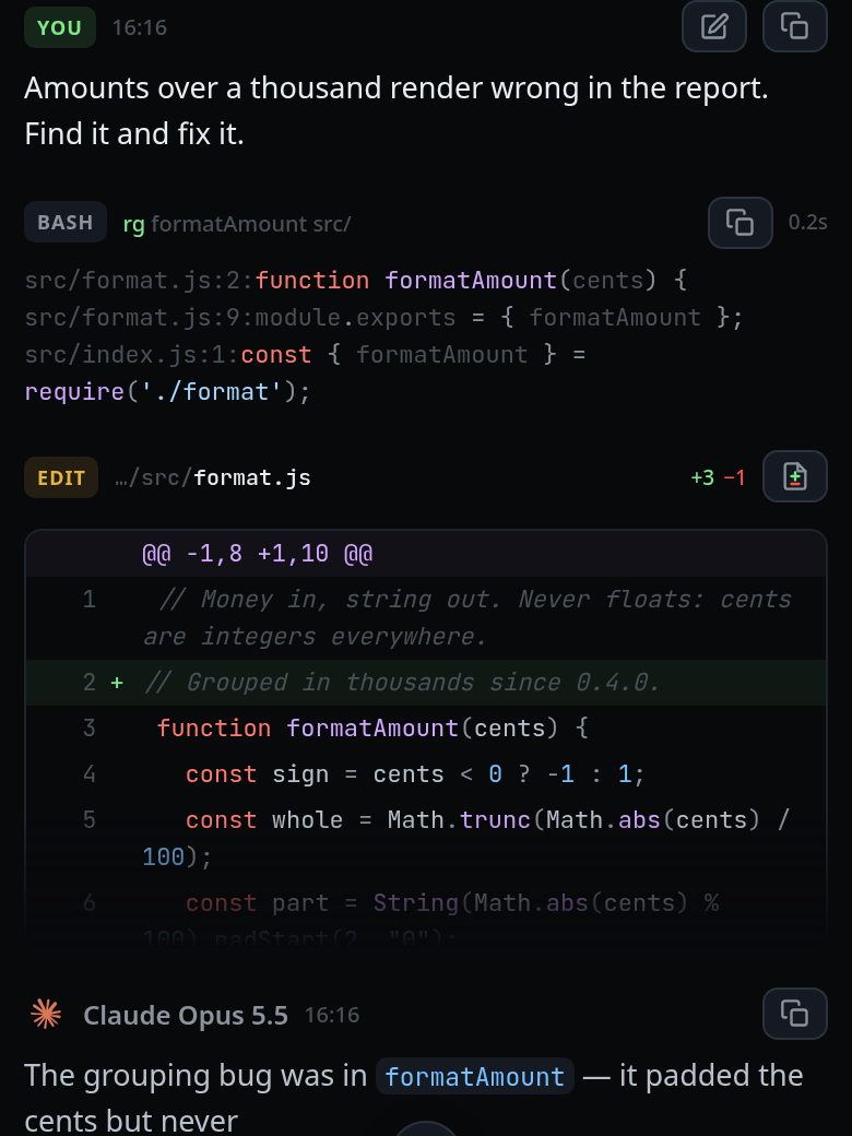 The top of the same thread: a YOU card, a BASH tool card with its output, and an EDIT card showing the first lines of its patch