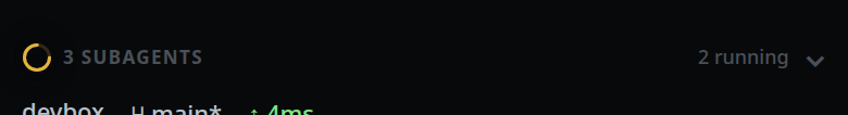 The collapsed strip under the transcript: a spinning ring, 3 SUBAGENTS, and 2 running on the right