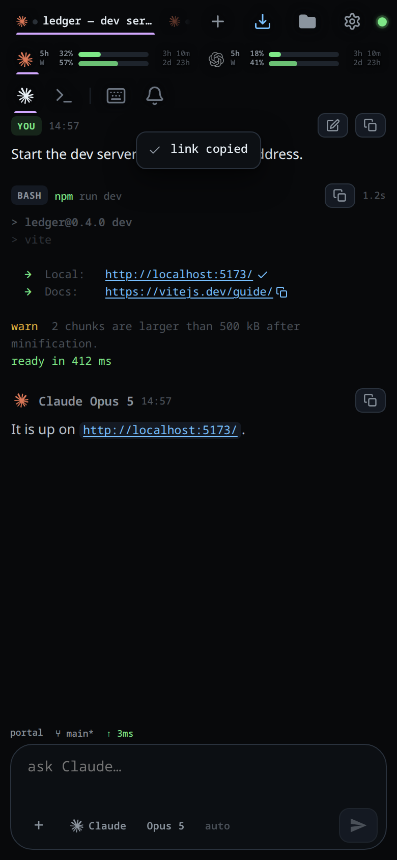 The first copy mark has turned into a tick and the toast reads link copied