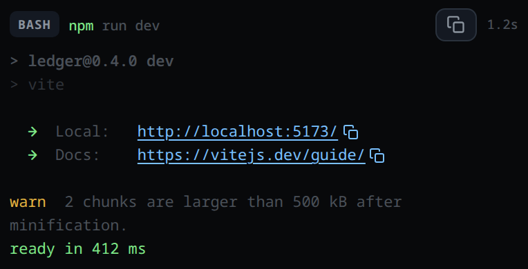 A BASH card holding coloured dev-server output, with both printed URLs rendered as blue links and a copy mark after each