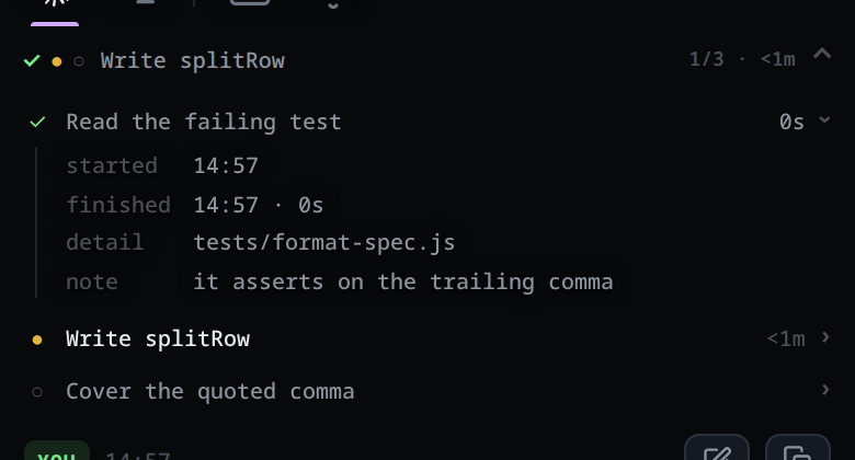 The strip expanded with the finished step open, showing started, finished, the detail tests/format-spec.js and the note it asserts on the trailing comma