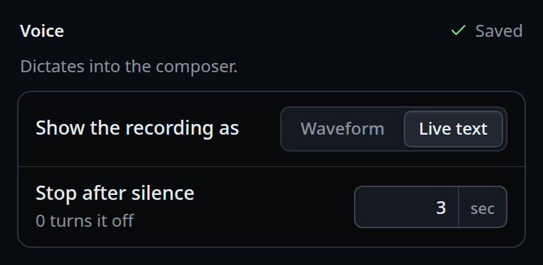 The Live text segment pressed, and a green check with "Saved" at the right of the Voice title.