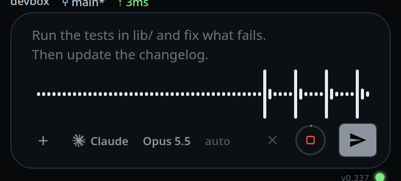 Recording into a box with two lines of text: the text dimmed above, the strip of bars under it.