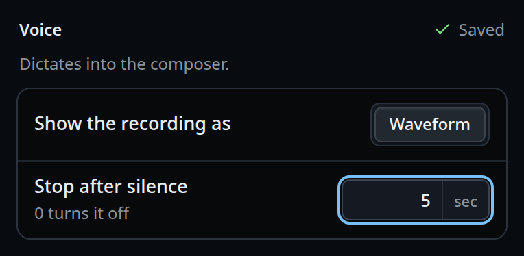 The field changed to 5, with a green check and "Saved" at the right of the Voice title.