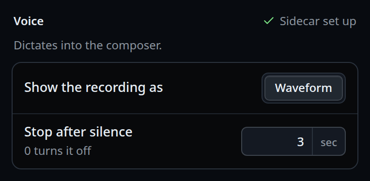 The cog's Voice group: "Sidecar set up" at the right of the title, the Show the recording as row with its one segment, Waveform, and the Stop after silence row reading 3 sec.