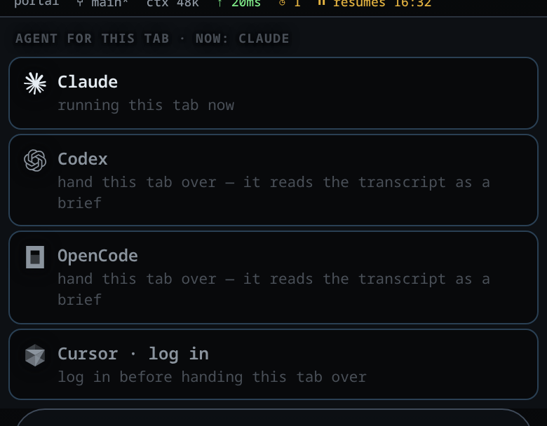 The agent menu open over the message box. The header reads AGENT FOR THIS TAB · NOW: CLAUDE. Claude's row says running this tab now. The other rows say hand this tab over — it reads the transcript as a brief.