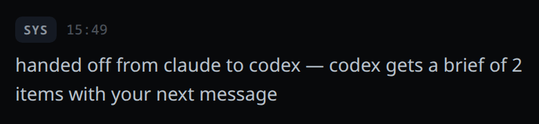 A note in the conversation reading: handed off from claude to codex — codex gets a brief of 2 items with your next message.