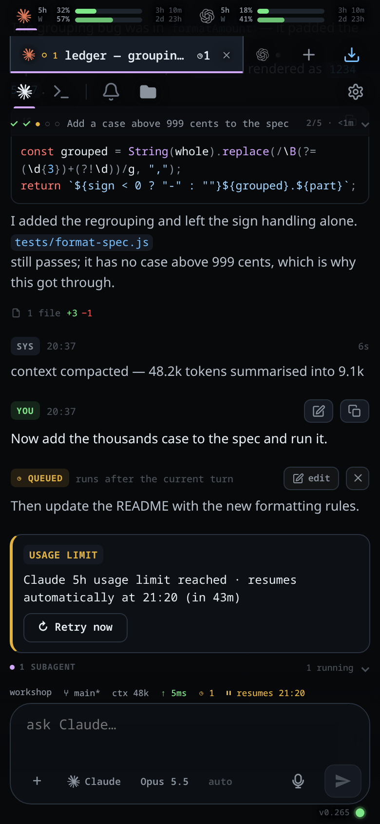 The whole phone screen: the meters and the tabs at the top, the conversation with an amber USAGE LIMIT card in the middle, and the message box and the agent button at the bottom.