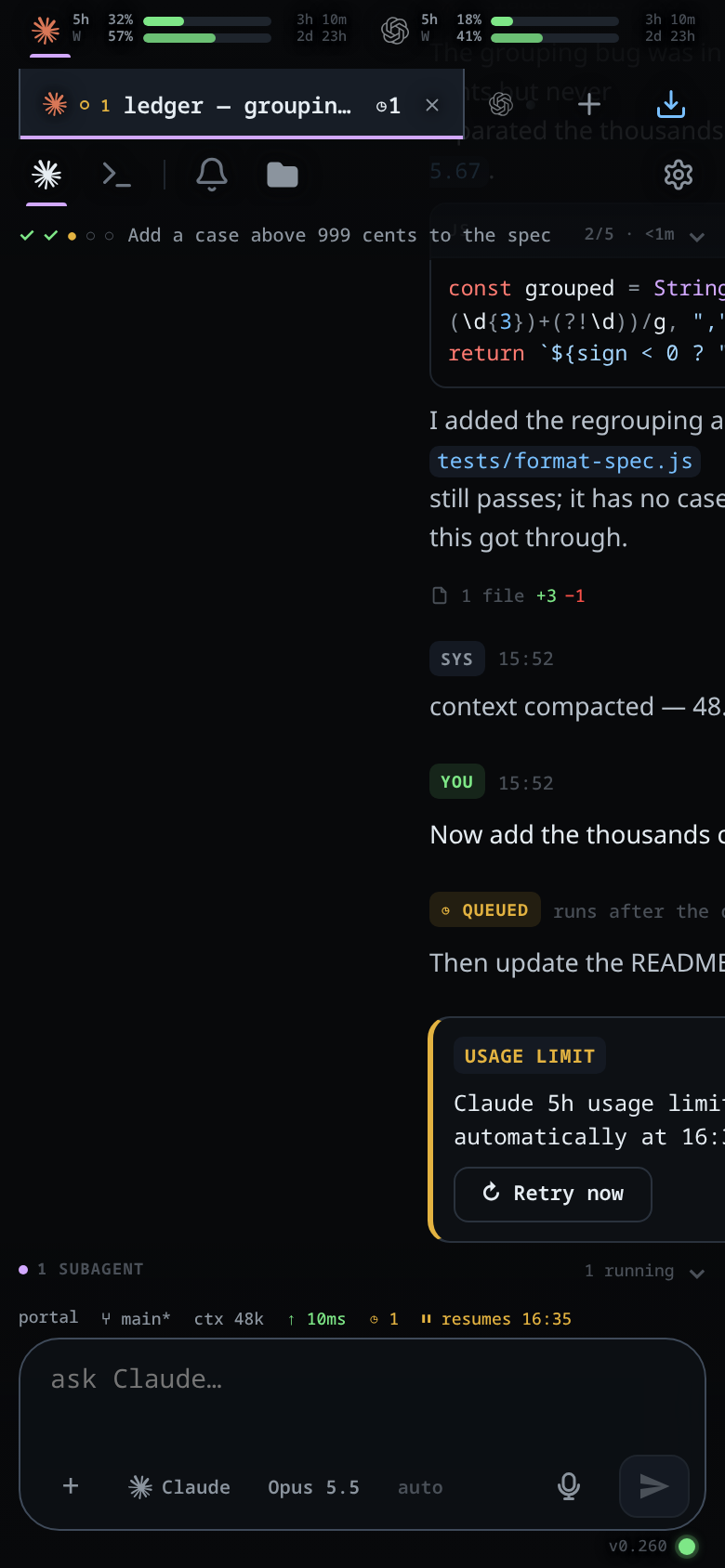 A swipe in progress on a phone: the conversation pushed aside with the next tab's page coming in behind it.